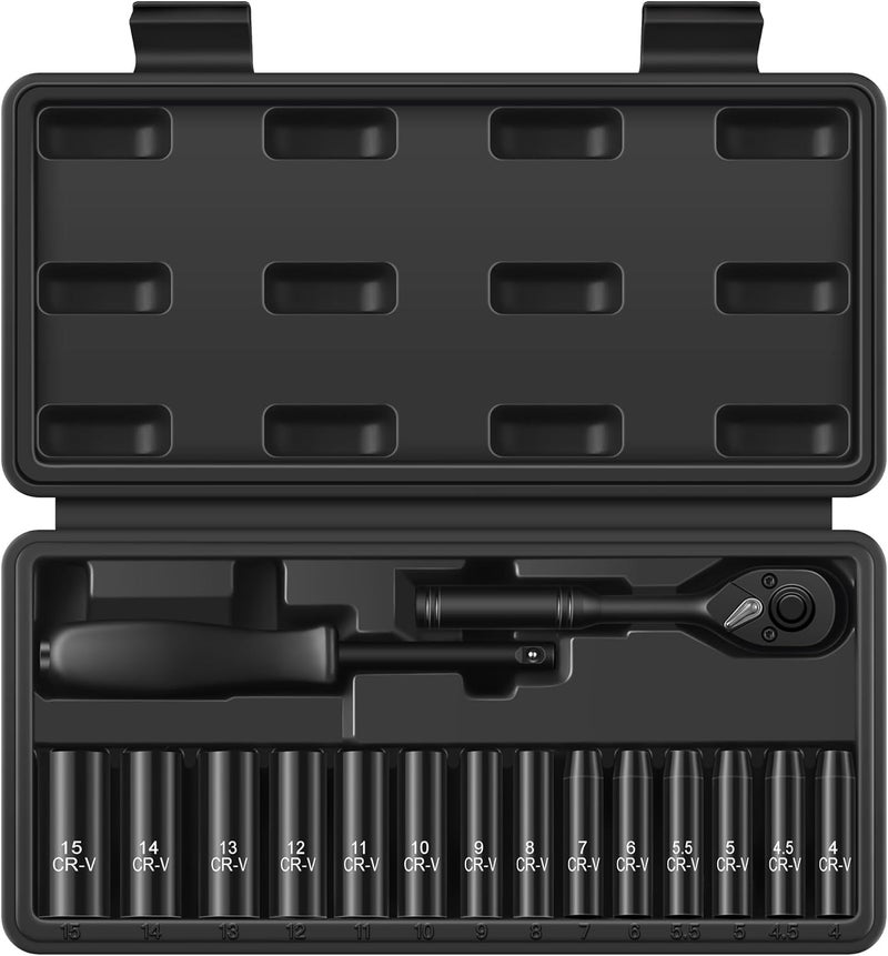 Reniteco 16-Piece 1/4" Drive Socket Set, Metric (4mm-15mm), Deep Sockets, 72-Tooth Ratchet Wrench, Drive Spinner Handle, 6 Point Design, Cr-V - Image 1